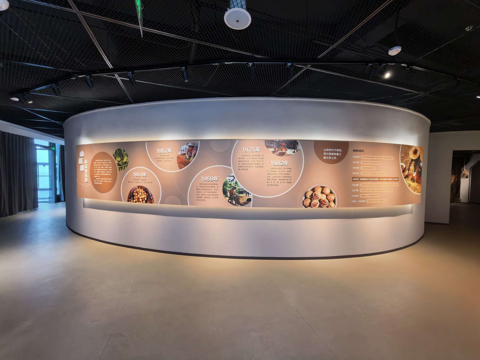 弧形展墙上，「山核桃发展史」用 1954、1957、1959、1975、1982 几个年份串起产业的几次转身。